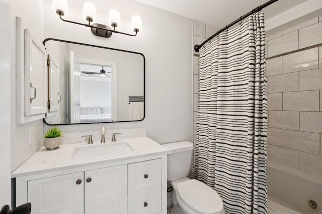 3453 Parkwood Ct, Hermitage, TN 37076 - bathroom with shower / bath combination with curtain, toilet, vanity, and a ceiling fan
