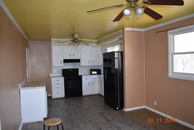 5061 Mclendon Dr, Antioch, TN 37013 - kitchen featuring black appliances, a ceiling fan, extractor fan, light countertops, and ornamental molding