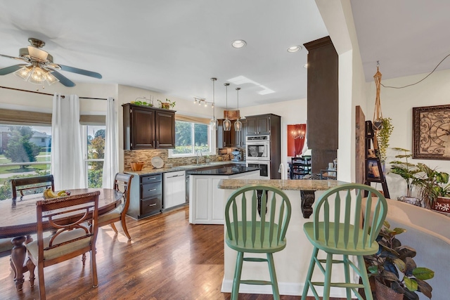 5950 Clarksville Pike, Joelton, TN 37080 - kitchen with stainless steel appliances, dark brown cabinets, a ceiling fan, a center island, and tasteful backsplash
