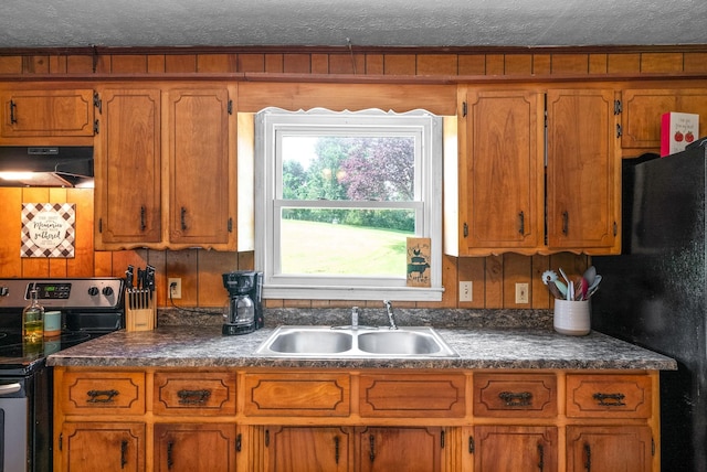 154 Crains Landing Rd, Dover, TN 37058 - kitchen featuring stainless steel electric range, a sink, under cabinet range hood, freestanding refrigerator, and brown cabinetry