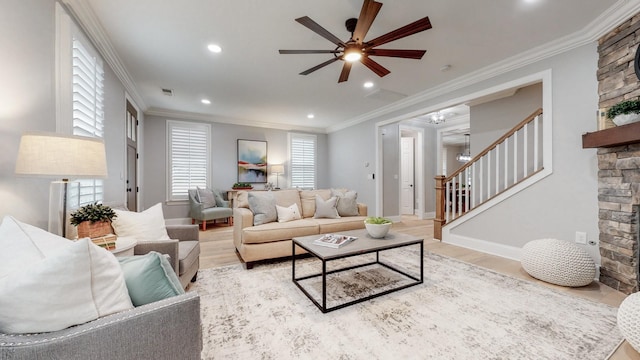 20 Daniels Dr, Franklin, TN 37064 - living room with ceiling fan, stairs, light wood-style floors, recessed lighting, and ornamental molding