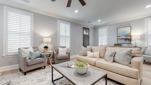 20 Daniels Dr, Franklin, TN 37064 - living area with ceiling fan, baseboards, recessed lighting, light wood-style flooring, and crown molding