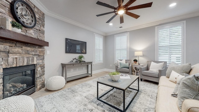 20 Daniels Dr, Franklin, TN 37064 - living area featuring a ceiling fan, recessed lighting, plenty of natural light, a stone fireplace, and baseboards