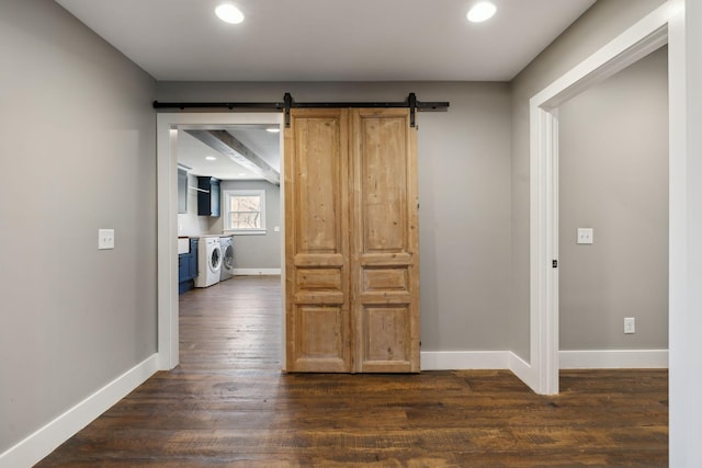 3348 Sweeney Hollow Rd, Franklin, TN 37064 - hall featuring washer / dryer, recessed lighting, dark wood-style floors, baseboards, and a barn door