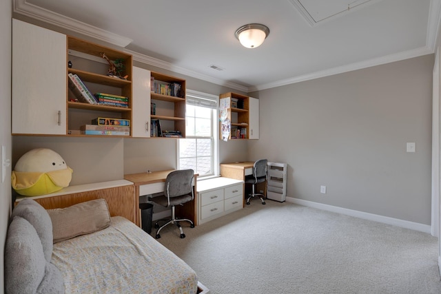 2001 Katach Ct, Spring Hill, TN 37174 - office area featuring crown molding, light colored carpet, and attic access