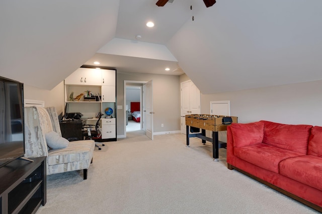 2001 Katach Ct, Spring Hill, TN 37174 - living area featuring light colored carpet, ceiling fan, vaulted ceiling, and recessed lighting