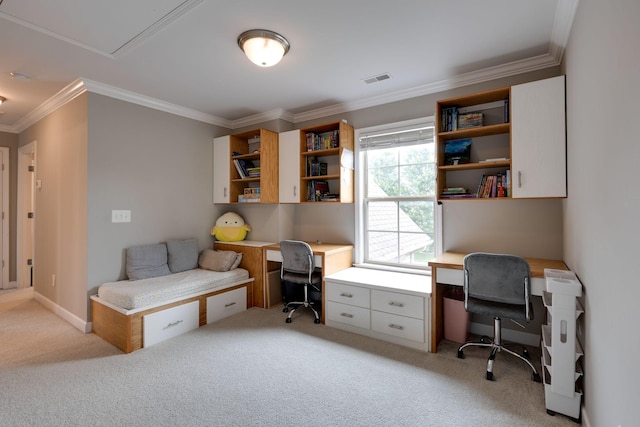 2001 Katach Ct, Spring Hill, TN 37174 - office area featuring light colored carpet, crown molding, and built in desk