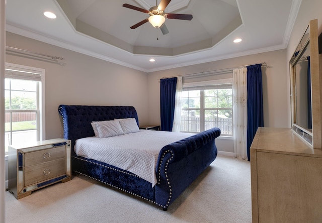 2001 Katach Ct, Spring Hill, TN 37174 - bedroom featuring a tray ceiling, light colored carpet, recessed lighting, ornamental molding, and ceiling fan