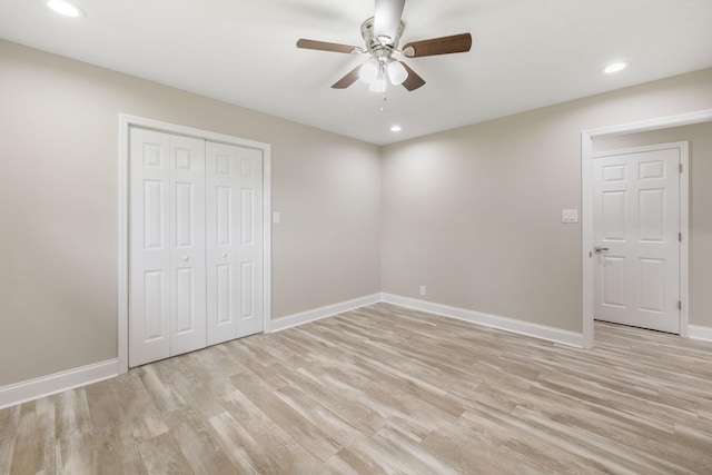 2762 Hunters Point Pike, Lebanon, TN 37087 - unfurnished bedroom featuring light wood finished floors, recessed lighting, a closet, and a ceiling fan