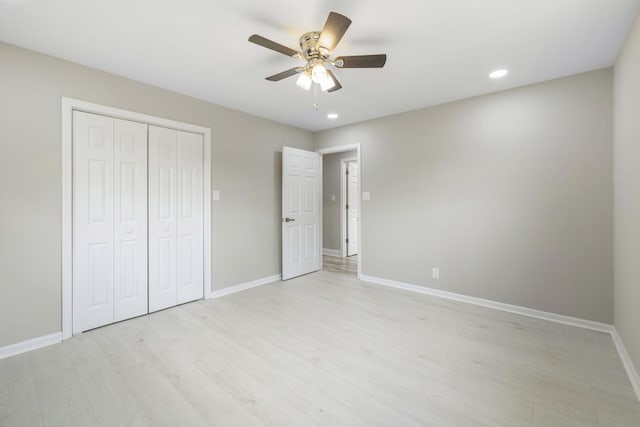 2762 Hunters Point Pike, Lebanon, TN 37087 - unfurnished bedroom featuring light wood-style flooring, a closet, recessed lighting, and a ceiling fan