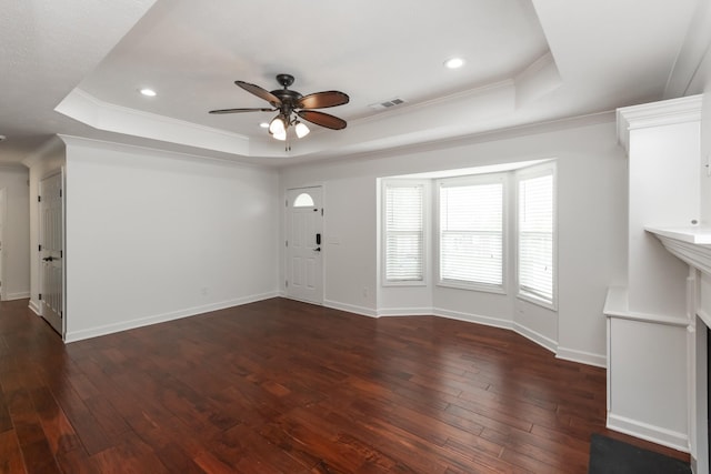5026 Hectare Ln, La Vergne, TN 37086 - entrance foyer featuring a tray ceiling, a ceiling fan, crown molding, dark wood-style flooring, and baseboards