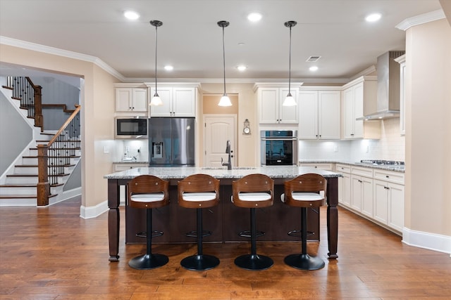 793 Alameda Ave, Nolensville, TN 37135 - kitchen with stainless steel appliances, a sink, wall chimney exhaust hood, backsplash, and crown molding