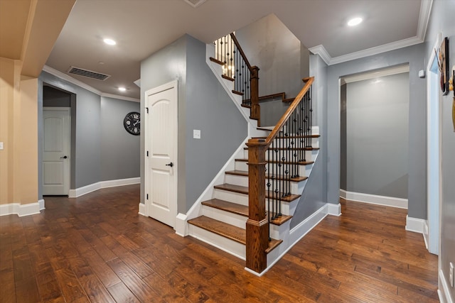 793 Alameda Ave, Nolensville, TN 37135 - staircase featuring hardwood / wood-style flooring, crown molding, recessed lighting, and baseboards