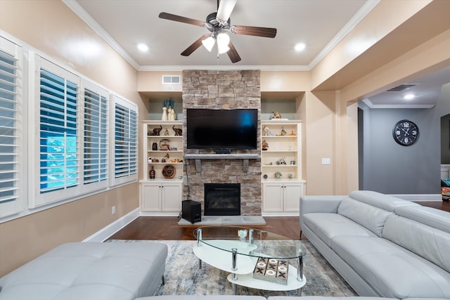 793 Alameda Ave, Nolensville, TN 37135 - living area featuring a fireplace, dark wood-style floors, ornamental molding, ceiling fan, and baseboards