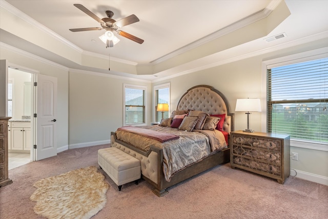 793 Alameda Ave, Nolensville, TN 37135 - bedroom featuring light carpet, a tray ceiling, ornamental molding, and a ceiling fan