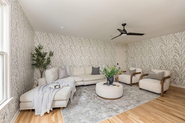 322 Starling Ln, Franklin, TN 37064 - living room featuring wallpapered walls, wood finished floors, and ceiling fan