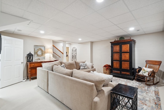 5013 Baker Rd, Murfreesboro, TN 37129 - living room featuring a paneled ceiling, stairway, light colored carpet, and recessed lighting