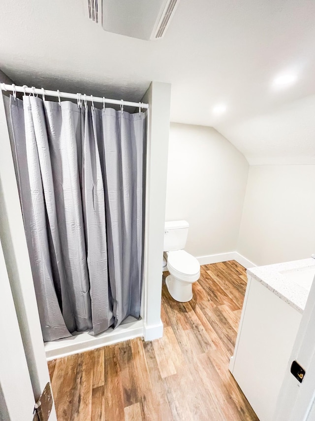 413 E Main St, Waverly, TN 37185 - bathroom featuring wood finished floors, lofted ceiling, a shower with shower curtain, and vanity