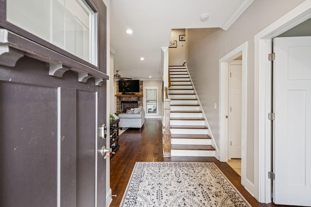 146 Island Way, Winchester, TN 37398 - foyer entrance featuring hardwood / wood-style floors, stairs, a large fireplace, ornamental molding, and recessed lighting