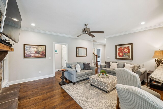 146 Island Way, Winchester, TN 37398 - living area featuring stairway, dark wood-type flooring, a ceiling fan, ornamental molding, and recessed lighting