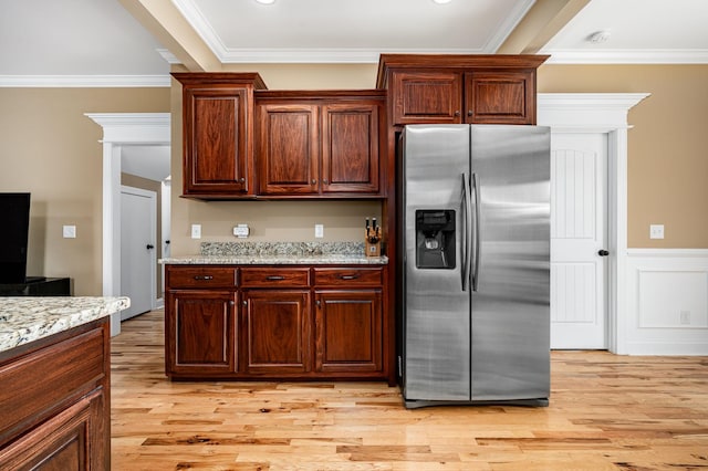 2816 Lightning Bug Dr, Murfreesboro, TN 37129 - kitchen with stainless steel refrigerator with ice dispenser, light wood-style flooring, crown molding, and light stone countertops