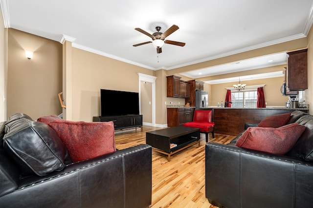 2816 Lightning Bug Dr, Murfreesboro, TN 37129 - living area featuring light wood finished floors, a ceiling fan, ornamental molding, and a chandelier