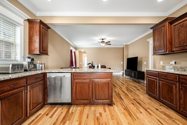 2816 Lightning Bug Dr, Murfreesboro, TN 37129 - kitchen featuring stainless steel dishwasher, a peninsula, light wood-style floors, ceiling fan, and ornamental molding