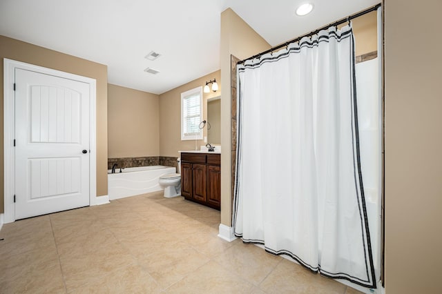 2816 Lightning Bug Dr, Murfreesboro, TN 37129 - bathroom featuring vanity, a garden tub, a shower with curtain, and tile patterned flooring