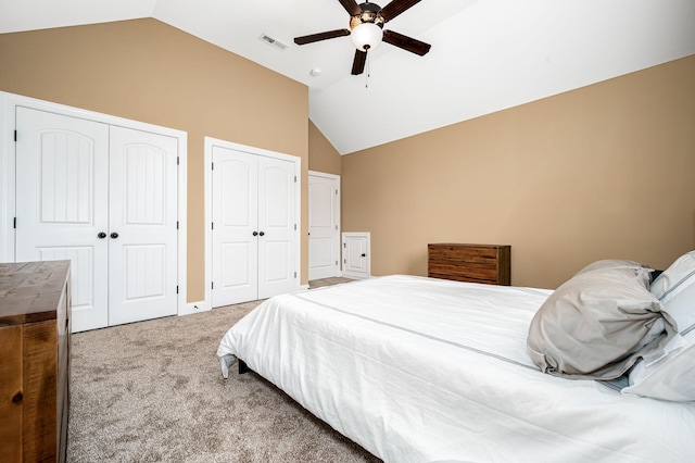 2816 Lightning Bug Dr, Murfreesboro, TN 37129 - carpeted bedroom featuring vaulted ceiling, multiple closets, and ceiling fan
