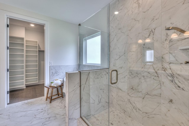 4025 Singing Creek Dr, Franklin, TN 37064 - full bath featuring a marble finish shower, a walk in closet, and recessed lighting
