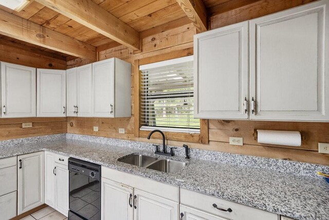2875 Stage Coach Rd, Sewanee, TN 37375 - kitchen featuring black dishwasher, a wood ceiling with exposed beams, white cabinetry, wooden walls, and light stone countertops