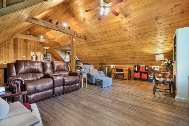 2875 Stage Coach Rd, Sewanee, TN 37375 - living area with ceiling fan, wooden walls, wood finished floors, and wooden ceiling