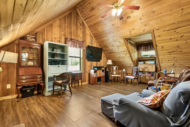 2875 Stage Coach Rd, Sewanee, TN 37375 - living area with wood walls, lofted ceiling, wooden ceiling, a ceiling fan, and wood finished floors