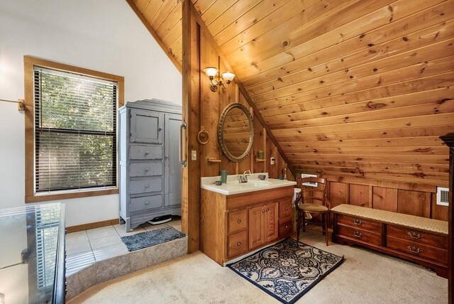 2875 Stage Coach Rd, Sewanee, TN 37375 - bathroom with lofted ceiling, vanity, and wood ceiling