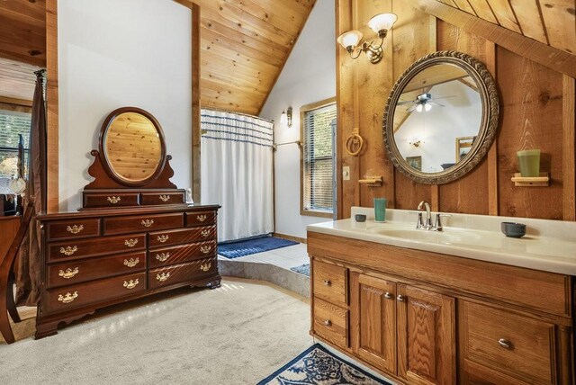 2875 Stage Coach Rd, Sewanee, TN 37375 - full bath featuring vanity, healthy amount of natural light, vaulted ceiling, a ceiling fan, and wooden ceiling