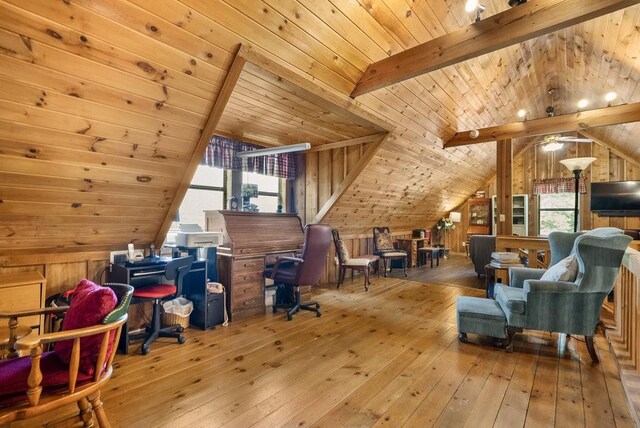 2875 Stage Coach Rd, Sewanee, TN 37375 - home office featuring plenty of natural light, wooden ceiling, wood-type flooring, a ceiling fan, and wood walls