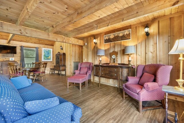 2875 Stage Coach Rd, Sewanee, TN 37375 - living area featuring wooden walls, wood finished floors, and a wood ceiling with exposed beams