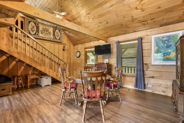 2875 Stage Coach Rd, Sewanee, TN 37375 - dining room with wood finished floors, stairway, wood walls, and wood ceiling