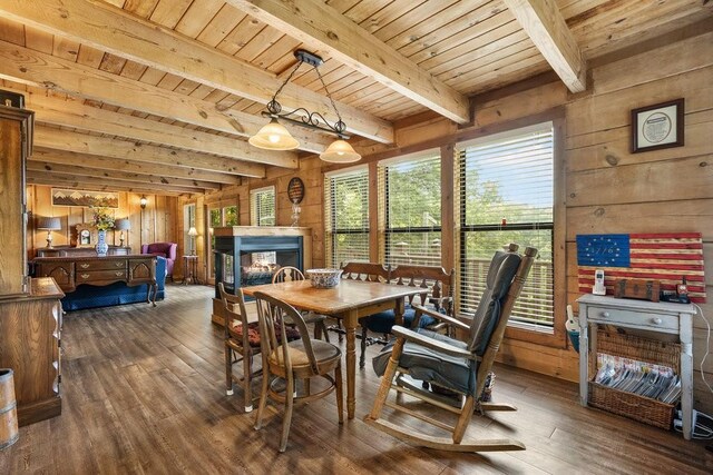 2875 Stage Coach Rd, Sewanee, TN 37375 - dining room featuring hardwood / wood-style flooring, wood walls, a wooden ceiling with exposed beams, and a multi sided fireplace