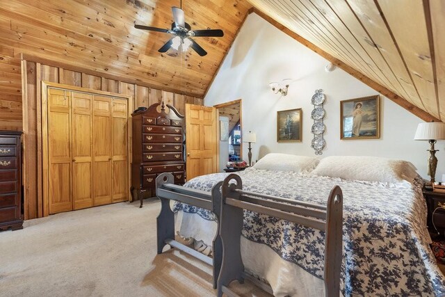2875 Stage Coach Rd, Sewanee, TN 37375 - bedroom featuring light carpet, wooden walls, wooden ceiling, a ceiling fan, and high vaulted ceiling