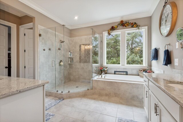 6013 Blackwell Ln, Franklin, TN 37064 - bathroom featuring vanity, tile patterned floors, a bath, a stall shower, and ornamental molding
