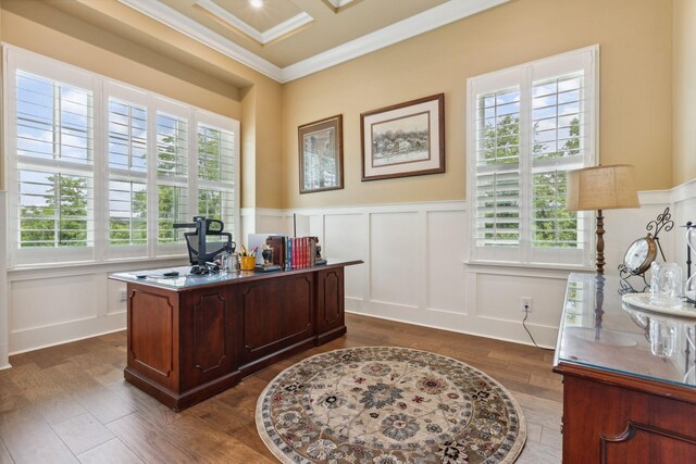 6013 Blackwell Ln, Franklin, TN 37064 - office space with crown molding, a decorative wall, dark wood-style flooring, and a wainscoted wall