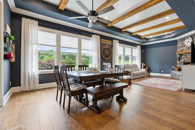6013 Blackwell Ln, Franklin, TN 37064 - dining room with a ceiling fan, a wooden ceiling with exposed beams, and wood finished floors