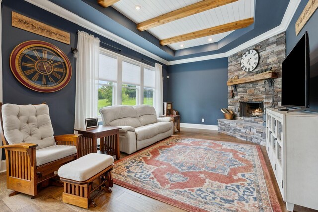 6013 Blackwell Ln, Franklin, TN 37064 - living area with beam ceiling, a fireplace, wood finished floors, and recessed lighting