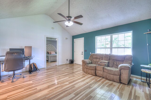 168 N Wagon Trl, Murfreesboro, TN 37128 - living room featuring a ceiling fan, wood finished floors, a textured ceiling, high vaulted ceiling, and a desk