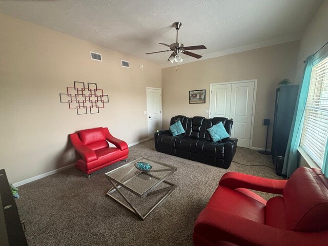 1736 Bellamy Ln, Murfreesboro, TN 37128 - living room with carpet floors, a ceiling fan, and vaulted ceiling
