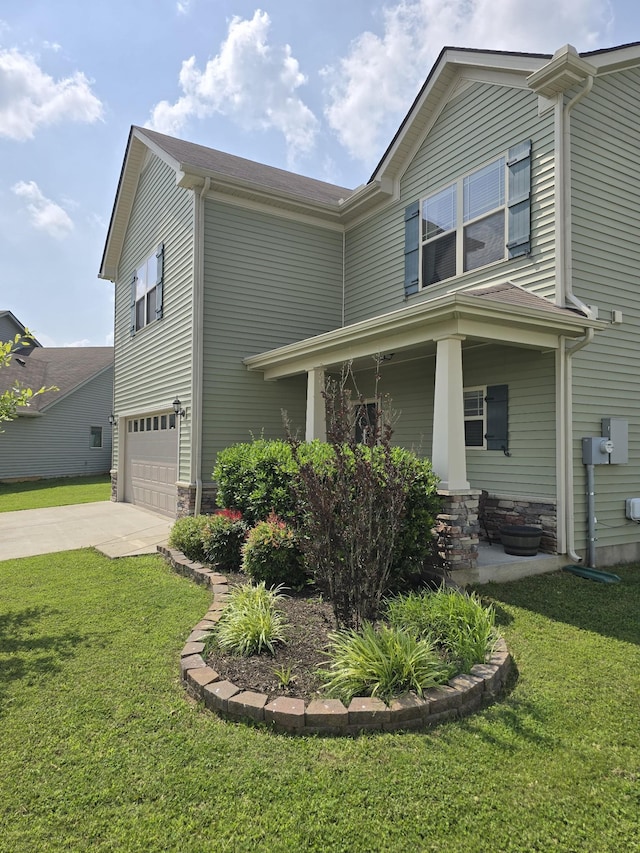 1736 Bellamy Ln, Murfreesboro, TN 37128 - view of side of property featuring a garage, driveway, a yard, and stone siding