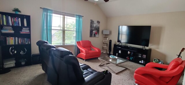 1736 Bellamy Ln, Murfreesboro, TN 37128 - carpeted living area featuring ceiling fan and vaulted ceiling