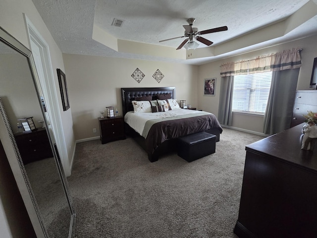 1736 Bellamy Ln, Murfreesboro, TN 37128 - bedroom with a textured ceiling, a raised ceiling, carpet floors, and a ceiling fan