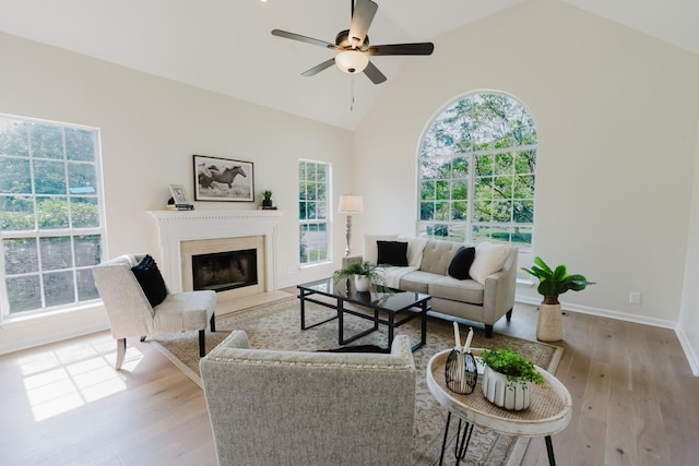 100 Crestfield Pl, Franklin, TN 37069 - living room with wood finished floors, a ceiling fan, a fireplace with flush hearth, and high vaulted ceiling